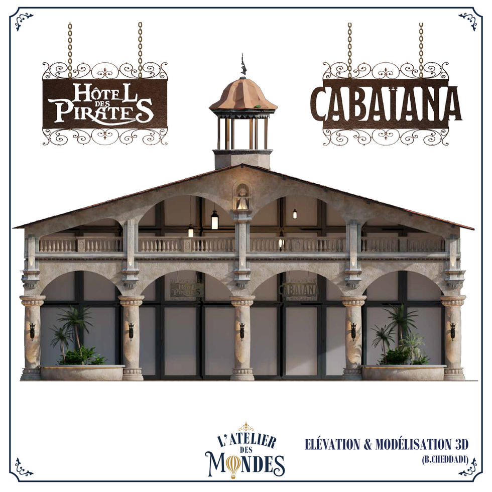 Conception architecturale façade thématisée Hôtel des Pirates 4 étoiles Nigloland, style colonial nouveau monde