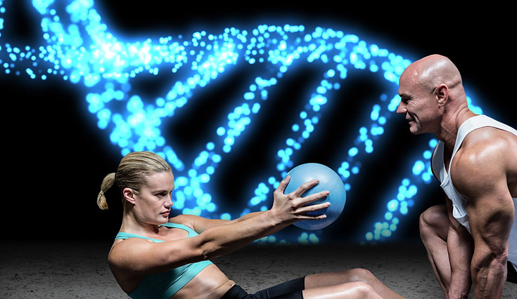 Digital composite of couple doing exercise blue lights dna chain.jpg