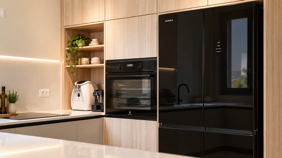 Modern kitchen with oven, coffee machine, and plants.