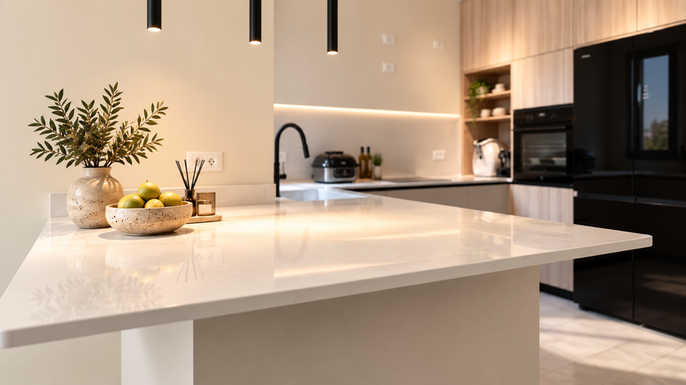Modern kitchen with sleek countertops and pendant lights.