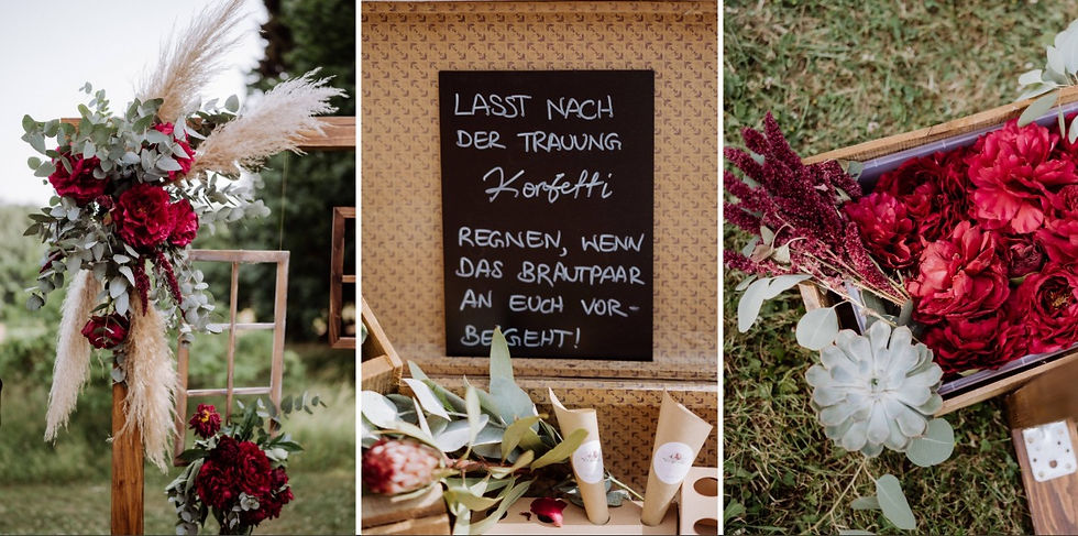 Deko für die Trauung in Rot, Grün, Beige