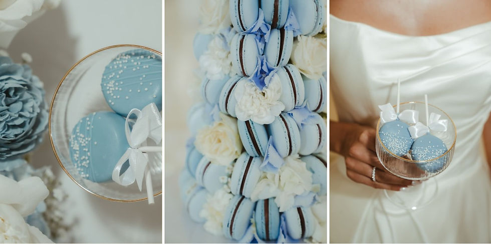 Sweet Table in Blau & Weiß mit Macarons-Torte und Pop Cakes