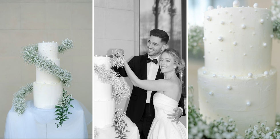 weiße Hochzeitstorte mit Perlen und Schleierkraut