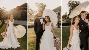 Elegantes Brautpaar im Sonnenuntergang