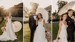 Elegantes Brautpaar im Sonnenuntergang