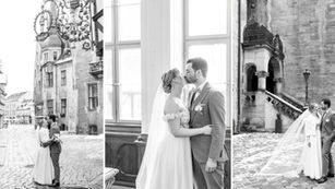 Brautpaar bei seiner Winterhochzeit im verschneiten Quedlinburg