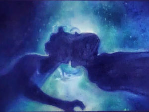 Silhouetted figures kissing against a cosmic backdrop with swirling blue and green hues, creating a dreamlike, romantic atmosphere.