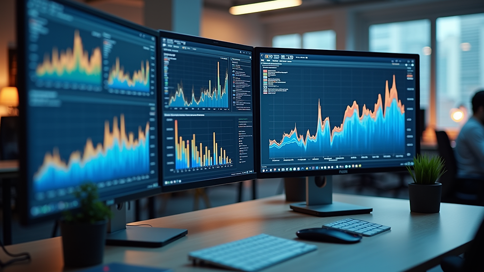 Eye-level view of a modern office workspace with multiple computer screens showing data analytics