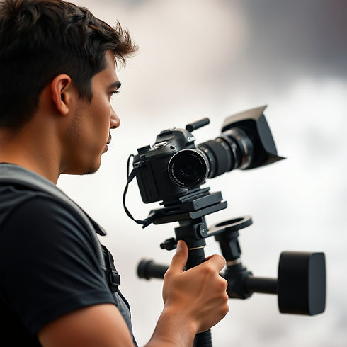 young man using a glide gear vest and arm video steady stabilizer with a Canon C-300 cinem