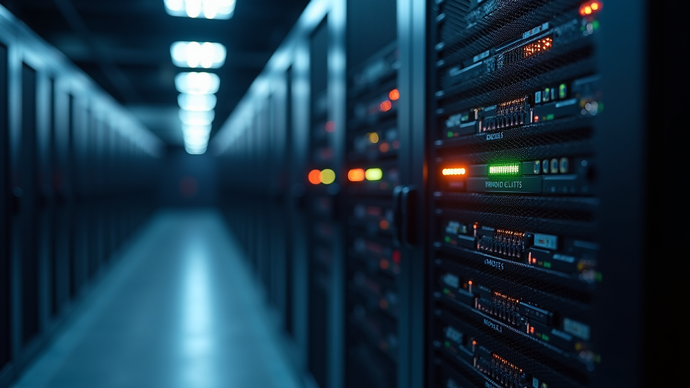 Eye-level view of a server rack with blinking network equipment lights