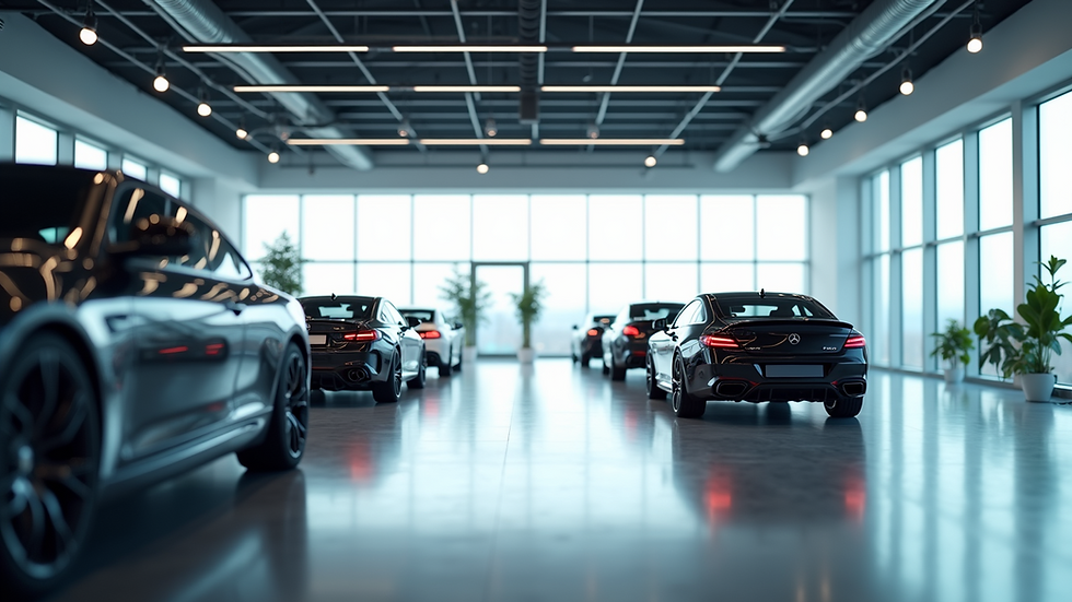 Wide-angle view of a well-lit modern showroom featuring multiple virtual cars