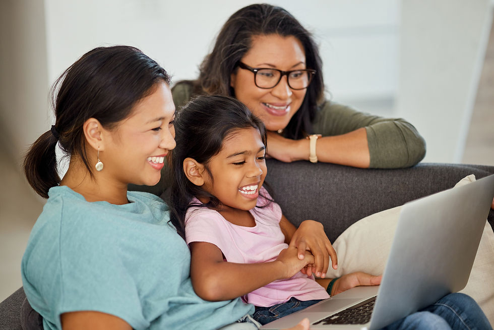 family-children-laptop-with-girl-mother-grandmother-streaming-online-subscription-service-