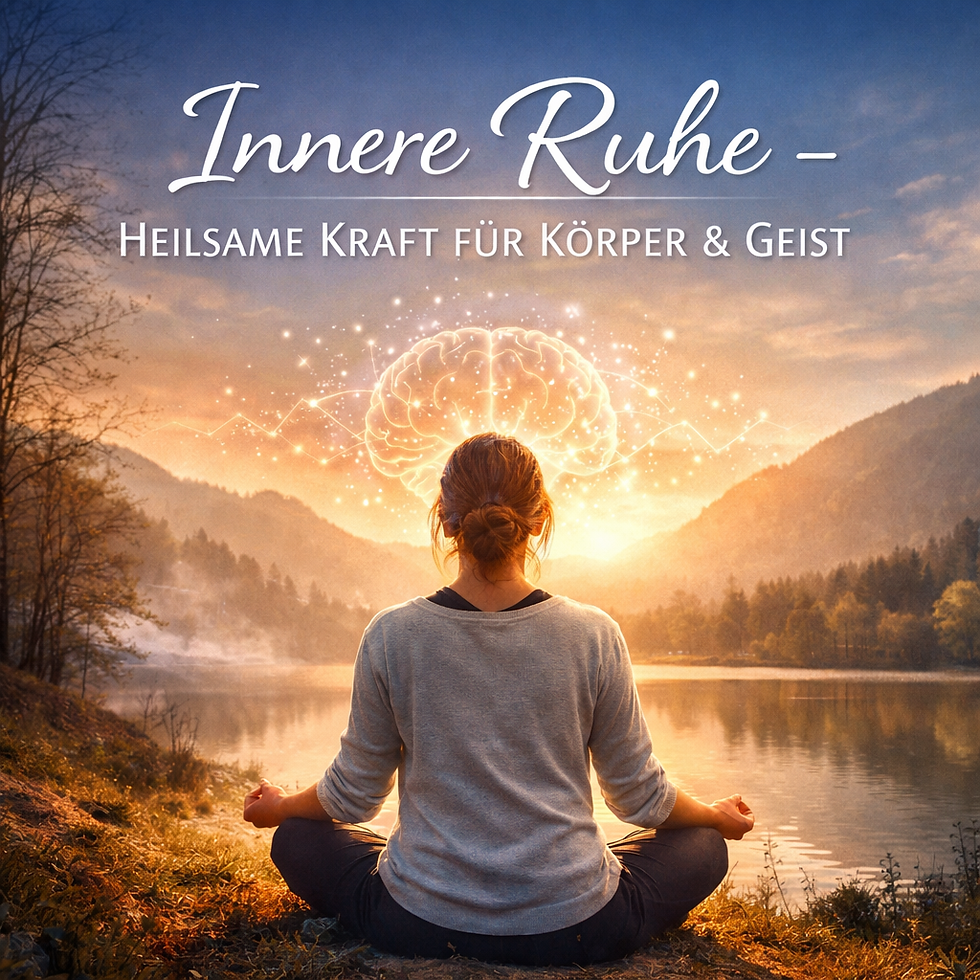 Eine Frau sitzt meditierend am See in den Bergen, Sonnenuntergang. Leuchtendes Gehirn-Symbol. Text: Innere Ruhe. Heilende Kraft.