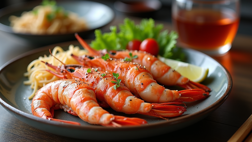 Close-up view of grilled seafood platter with a glass of sake