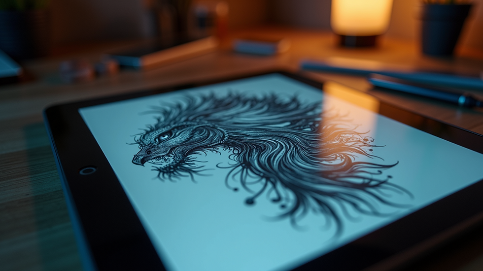 Close-up view of a digital tattoo design on a tablet screen