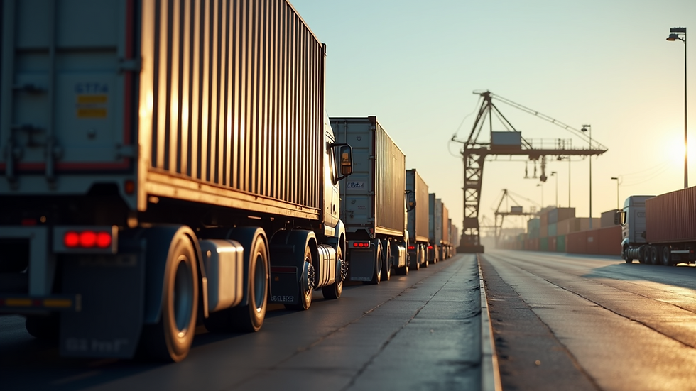 Close-up view of freight trucks lined up at a shipping dock