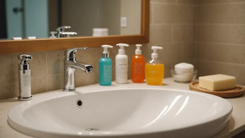 Close-up view of a bathroom sink with mild cleansers on the counter