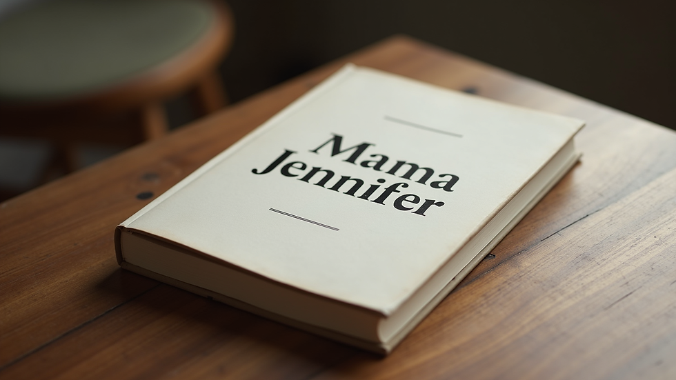 Close-up view of a book titled "Mama Jennifer" resting on a wooden table