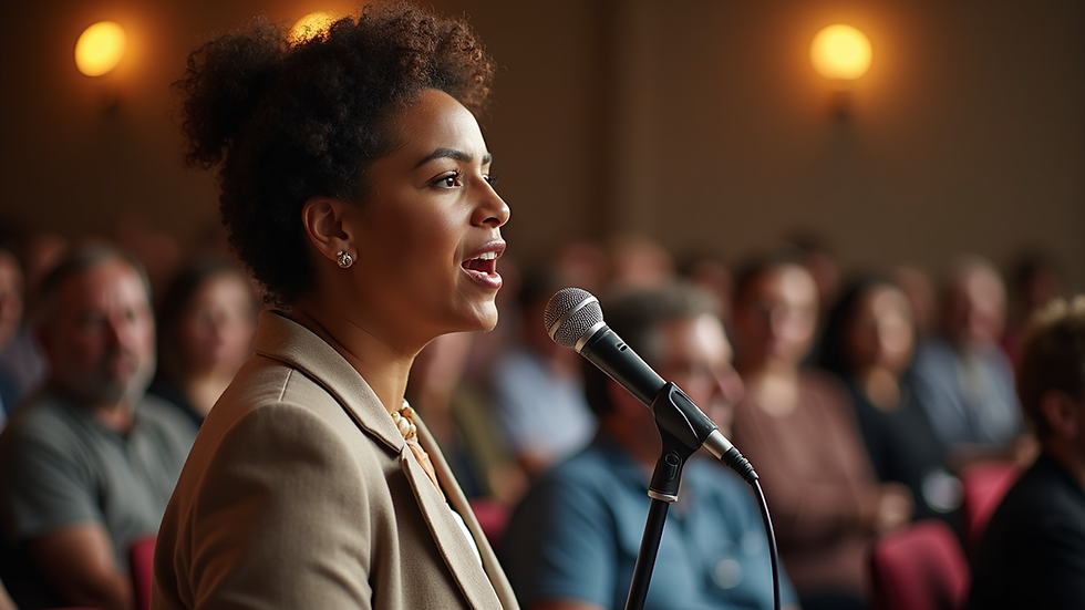 Eye-level view of a woman speaking passionately at a community event