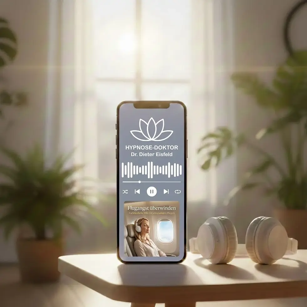 Miniaturbild: Digitales Mockup der Flugangst-Hypnose auf Smartphone und Tablet mit modernen weißen Kopfhörern.