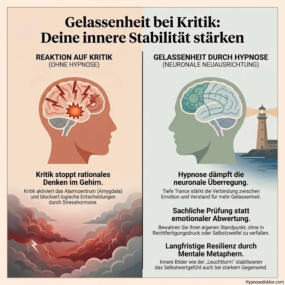 Miniaturbild: Medizinische Infografik zur Dämpfung der Amygdala-Reaktion bei Kritik durch klinische Hypnosetherapie und Trance.