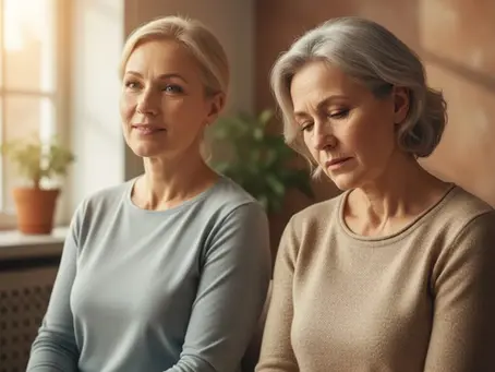 Zwei Personen im Alter von 60 Jahren im Vergleich: Eine entspannte, vitale Frau und ein angespannter, gestresster Mann verdeutlichen den Einfluss des inneren Erlebens auf das biologische Altern.