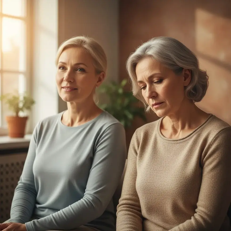 Zwei Personen im Alter von 60 Jahren im Vergleich: Eine entspannte, vitale Frau und ein angespannter, gestresster Mann verdeutlichen den Einfluss des inneren Erlebens auf das biologische Altern.