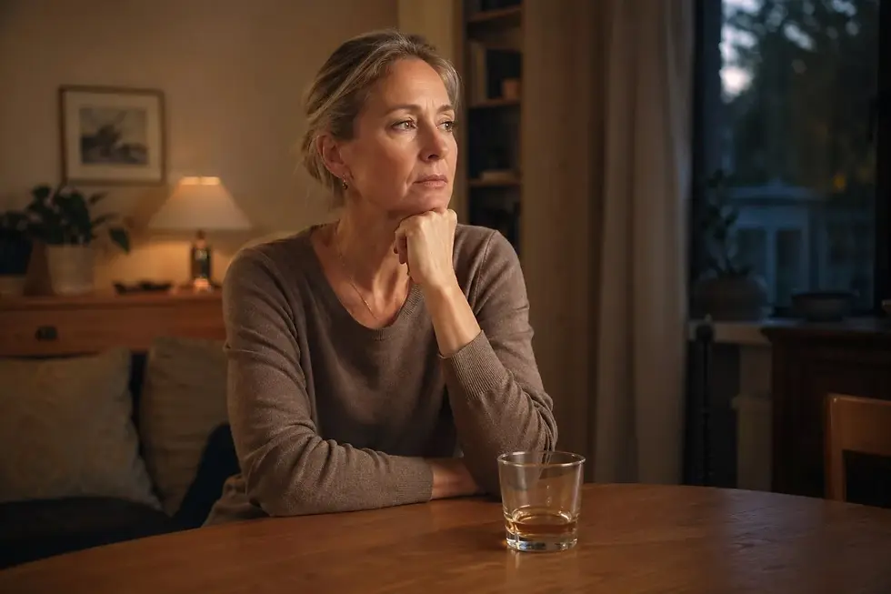 Erwachsene Person sitzt am Abend nachdenklich am Tisch vor einem unberührten Getränk