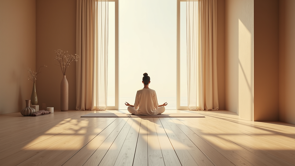 Eye-level view of a calm meditation room with soft lighting