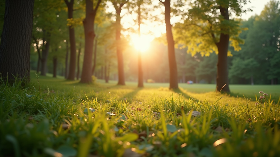 Close-up view of a peaceful nature scene with sunlight filtering through trees