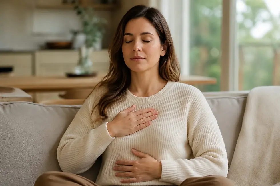 Erwachsene Frau sitzt ruhig mit geschlossenen Augen und stabilisiert sich emotional nach einer Trennung