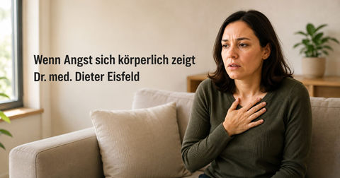 Frau mit körperlich spürbarer Angst hält sich die Hand auf die Brust, passend zu einem Beitrag von Dr. med. Dieter Eisfeld über Angst, Herzklopfen und innere Unruhe.
