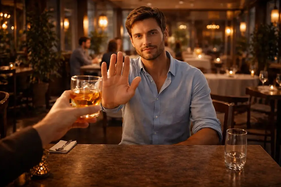 Mann in einem Restaurant hebt ruhig die Hand und lehnt ein alkoholisches Getränk ab, während ihm ein Glas angeboten wird.