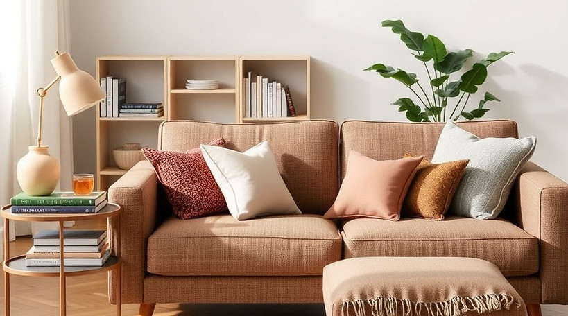 An organized sofa with a side table with books and a foot rest.jpg