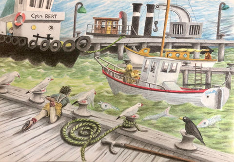 pastel, fish, sea, boat, sketch, drawing, art
