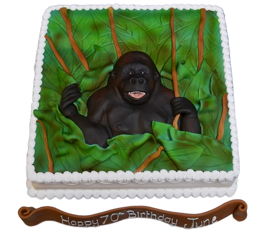 Bespoke square cake featuring a detailed gorilla in a jungle scene, crafted in Solihull, West Midlands.