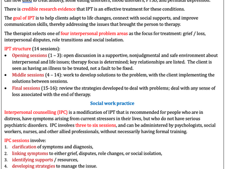 Description, core concept, goal, treatment focus, session structure, treatment options, research evidence, interpersonal counselling (IPC)