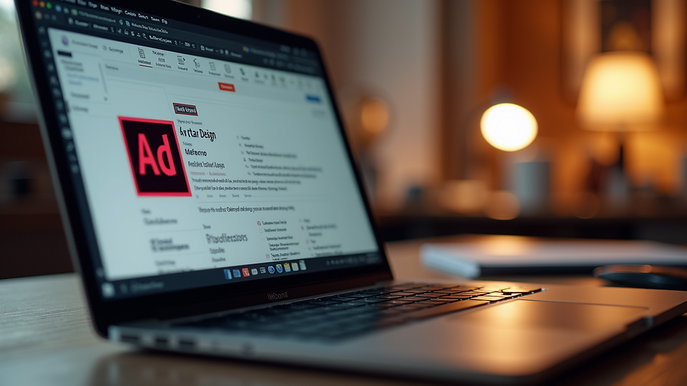 Eye-level view of a workspace with Adobe InDesign open on a laptop