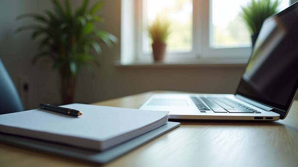 Eye-level view of a modern workspace with a laptop and a notebook