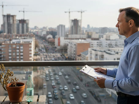 Real estate investor on balcony with city view