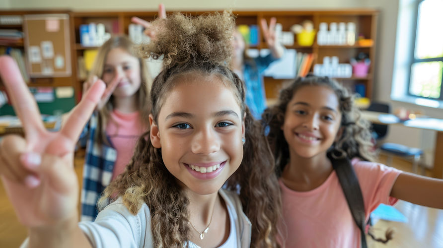 cheerful-schoolgirl-taking-selfie-with-friends-classroom-showing-peace-sign-near-classroom