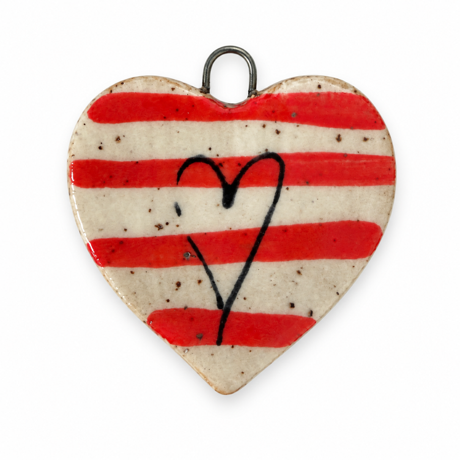 Ceramic heart charm with red stripes