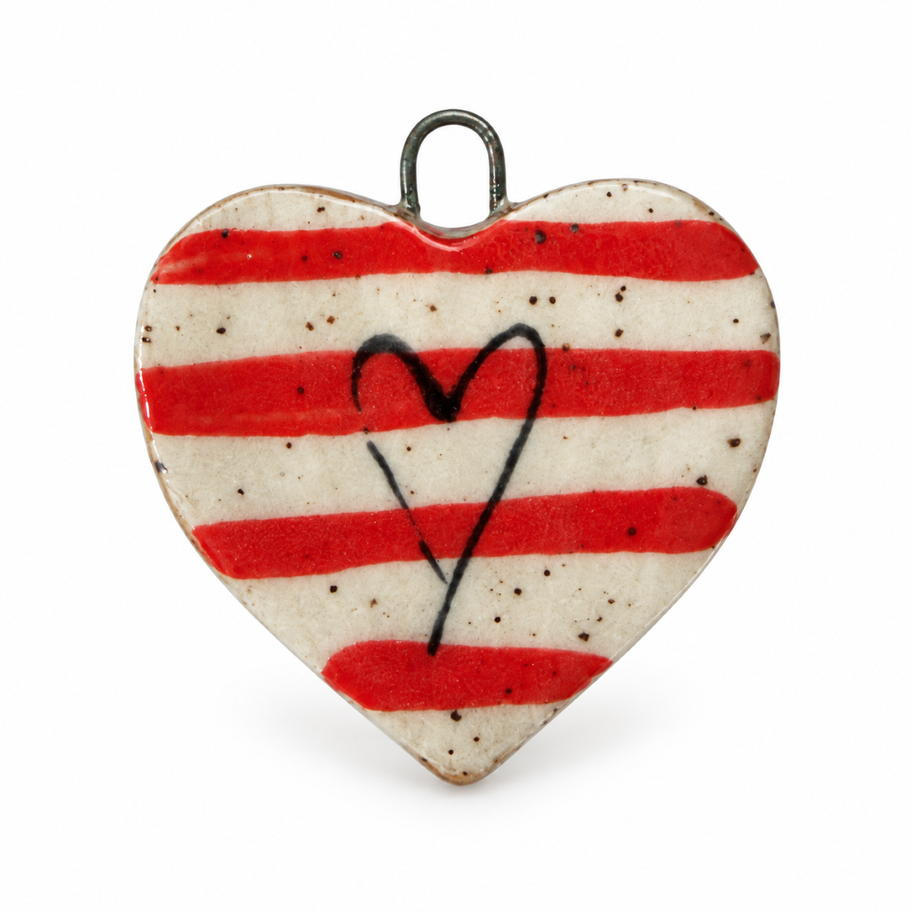 Ceramic heart charm with red stripes