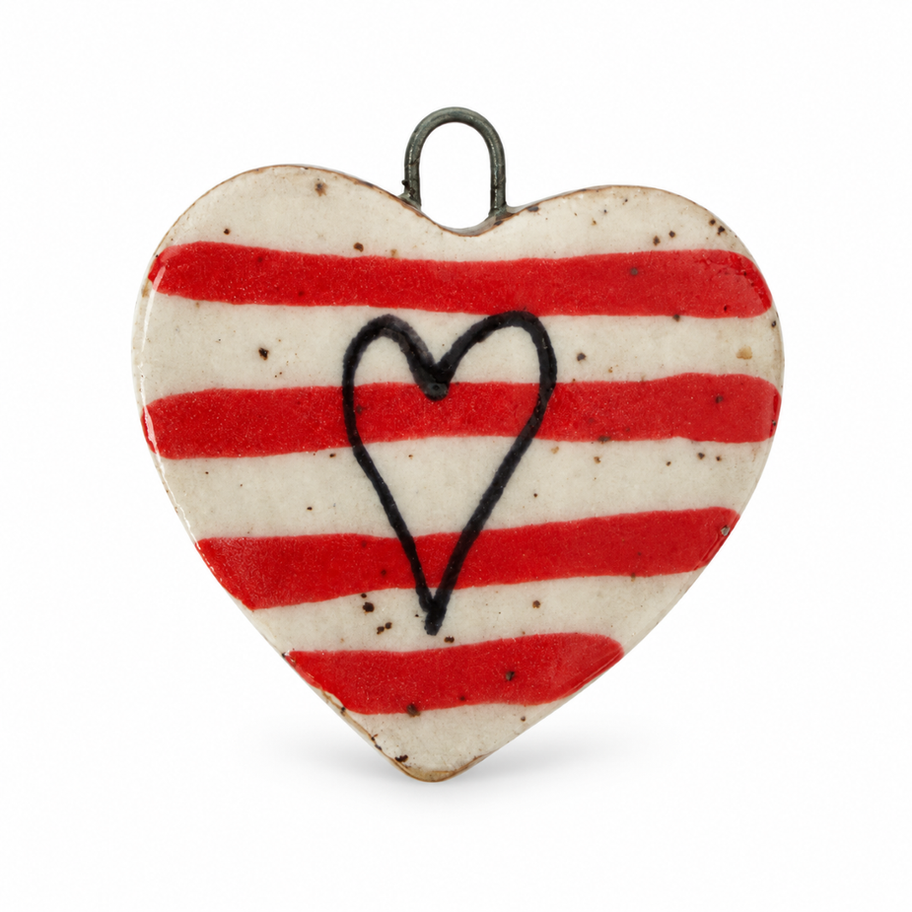 Ceramic heart charm with red stripes