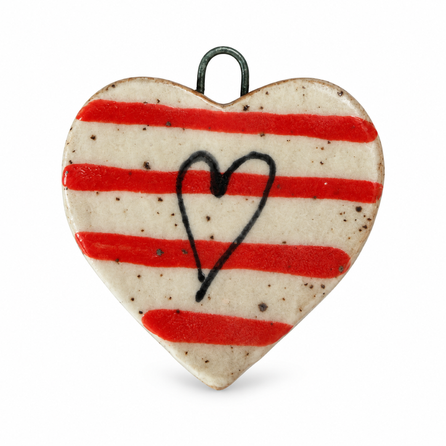 Ceramic heart charm with red stripes