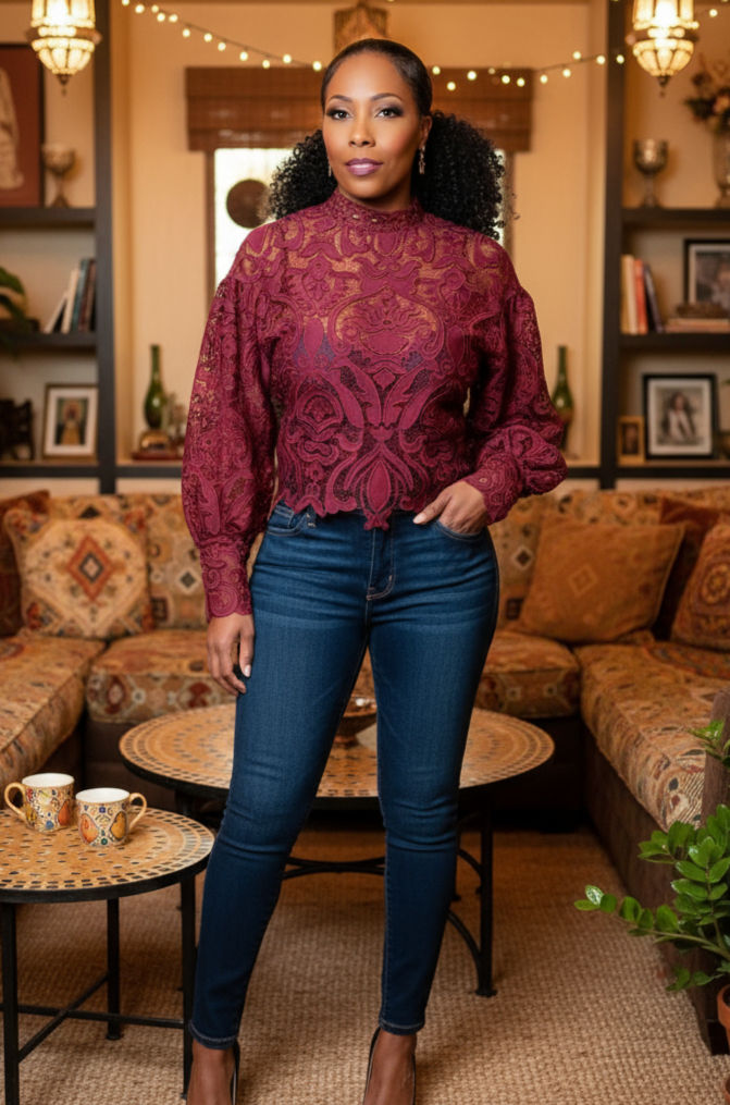 Thumbnail: Wine Crochet Balloon Sleeve Blouse