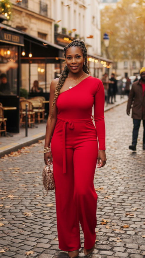 Thumbnail: Red Belted One Shoulder Jumpsuit