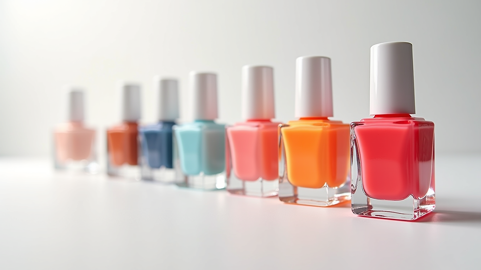 High angle view of a variety of summer nail polish bottles arranged on a white surface