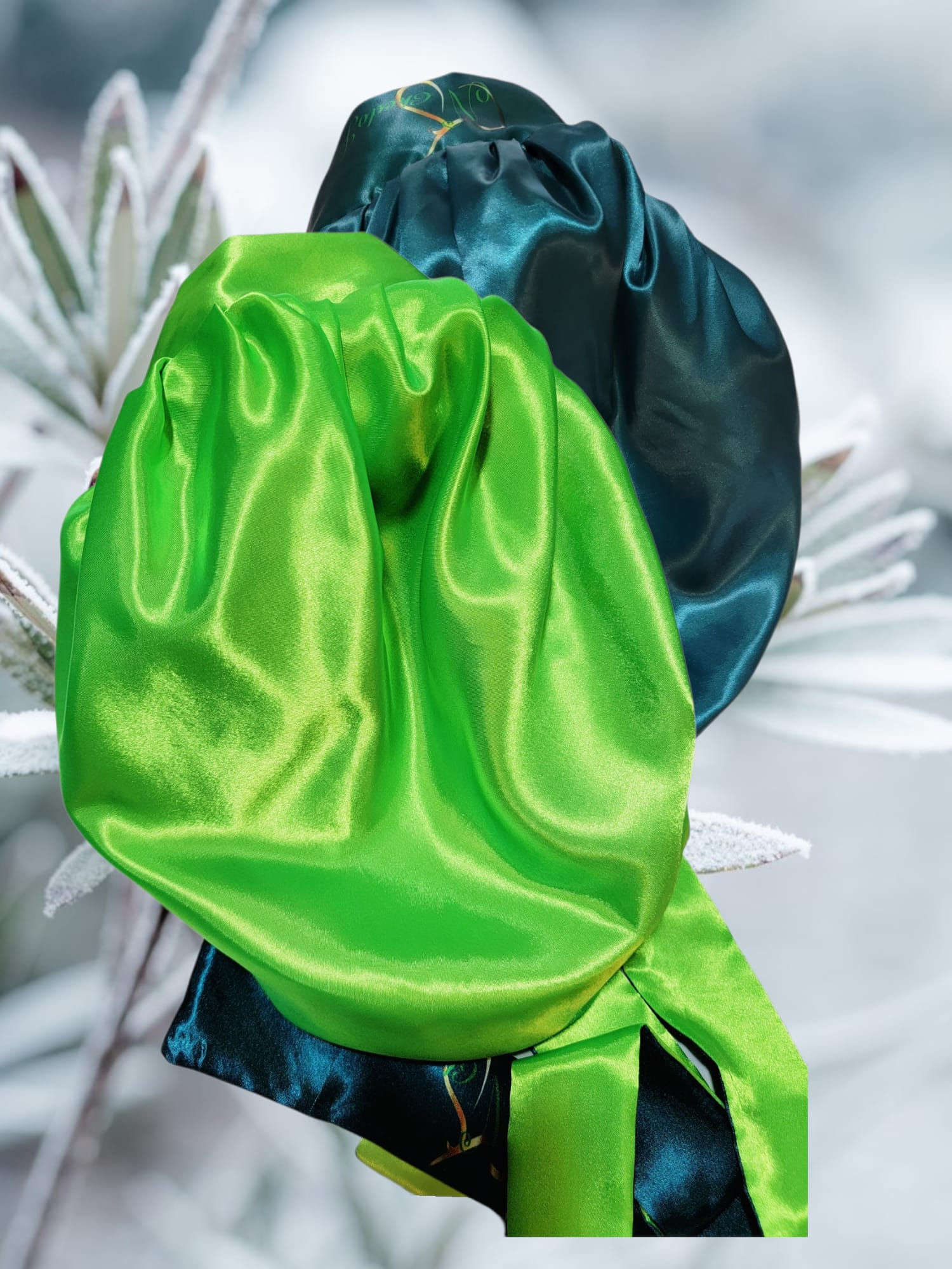 Two silk bonnets: bright green and turquoise 