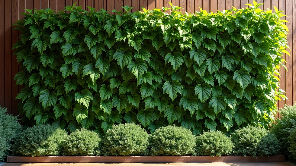 Eye-level view of a vertical garden with lush green plants on a wooden wall